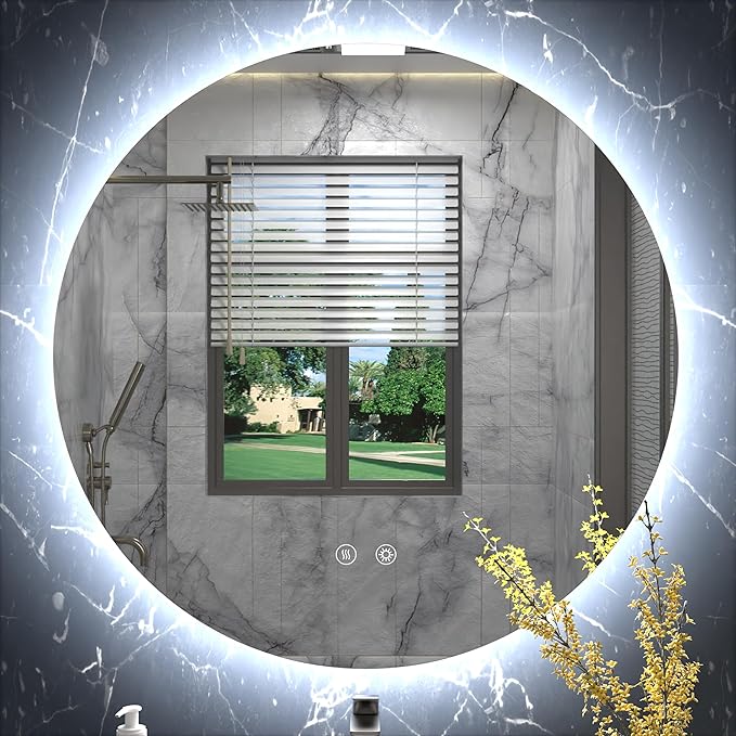 28 Inch Round LED Bathroom Mirror with Light, 3 Color Temperatures (3000K/4500K/6000K), Anti-Fog, Dimmable Backlit, Frameless Round Vanity Mirror with Lights