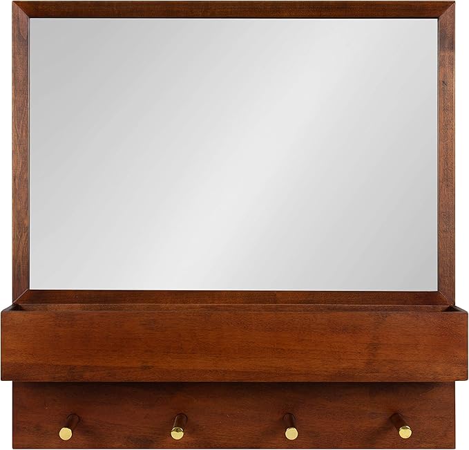 Kate and Laurel Hinter Mid-Century Framed Wall Mirror with Pocket Shelf, 24 x 24, Walnut Brown, Organizing Mail Holder and Wall Hooks