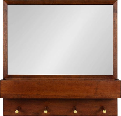 Kate and Laurel Hinter Mid-Century Framed Wall Mirror with Pocket Shelf, 24 x 24, Walnut Brown, Organizing Mail Holder and Wall Hooks