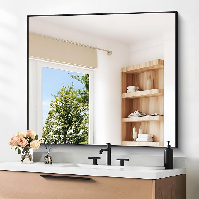 DESBING Black Bathroom Mirror for Wall, 36x40 Inch Rectangle Mirrors with Metal Frame, Modern Vanity Wall Mirror Decor for Entryway Hangs, Bathroom Living Room Horizontal or Vertical