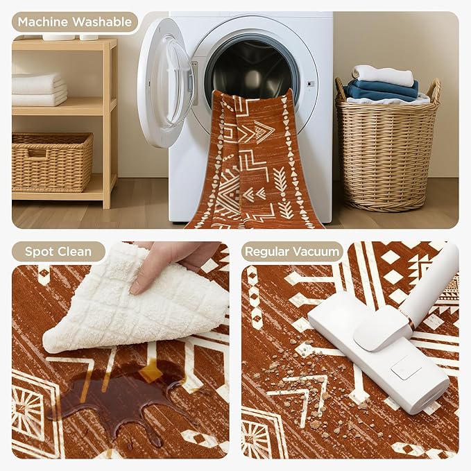 Joydeco Moroccan Washable 8x10 Rugs for Living Room, Western Burnt Orange Large Area Rug for Bedroom Dining Room, Soft Stain Resistant Aztec Carpet Fall Rug for Guestroom Office Playroom