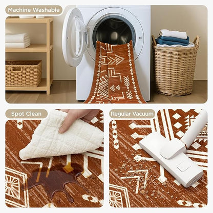 Joydeco Moroccan Washable 8x10 Rugs for Living Room, Western Burnt Orange Large Area Rug for Bedroom Dining Room, Soft Stain Resistant Aztec Carpet Fall Rug for Guestroom Office Playroom
