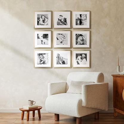 ArtbyHannah Square Picture Frame, Gold Gallery Wall Frame Set Display Pictures 8x8 inch with Mat or 12x12 inch Without Mat, Wall Hanging Photo Frame for Living Room or Staircase Decoration (9 Pack)