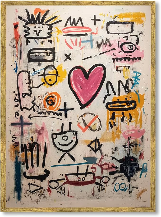 Large Gold Framed Modern Graffiti Wall Art Colorful Abstract Heart Doodle Canvas Poster Beige Textured Pink Love Painting Prints Modern Street Urban Pop Artwork for Bedroom Home Decor 24x36inch