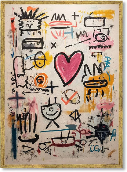Large Gold Framed Modern Graffiti Wall Art Colorful Abstract Heart Doodle Canvas Poster Beige Textured Pink Love Painting Prints Modern Street Urban Pop Artwork for Bedroom Home Decor 24x36inch