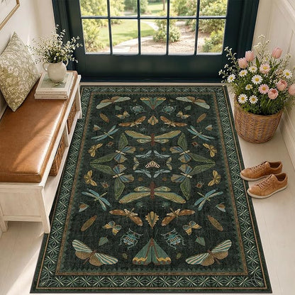 Green and Black Entryway Rug - 3x5 Throw Rug for Large Kitchen, Entry Way, Mudroom, Dark Unique Insect Print, Washable Low Pile Floor Carpet