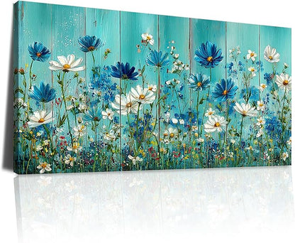 BQVCT Turquoise Blue and White Daisy Wall Art 20x40 Inch Large Gallery Wrapped Canvas Print Modern Floral Painting on Faux Wood Texture Ready to Hang for Living Room Bedroom Office Decor