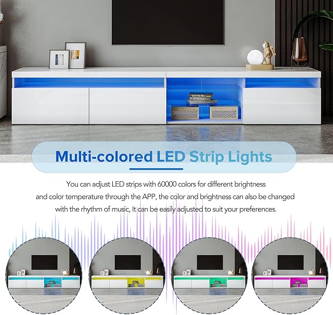 Merax Unique Design TV Stand with 2 Glass Shelves and LED Color Changing Lights, Ample Storage Space Media Console for Television Up to 100", Versatile Cabinet for Living Room, White
