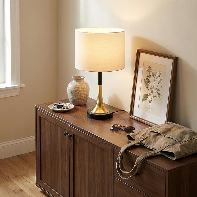 16.5'' Modern Table Lamps Set of 2 with Gold Metal Base and Linen Shade, Mid-Century Bedside Nightstand Lamps for Living Room and Bedroom(Bulb NOT Included)