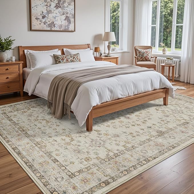 DEXI Area Rugs for Living Room, 5x8 Washable Low Pile Floral Rug for Bedroom, Non Slip Indoor Carpet for Dining Office Nursery, Ivory
