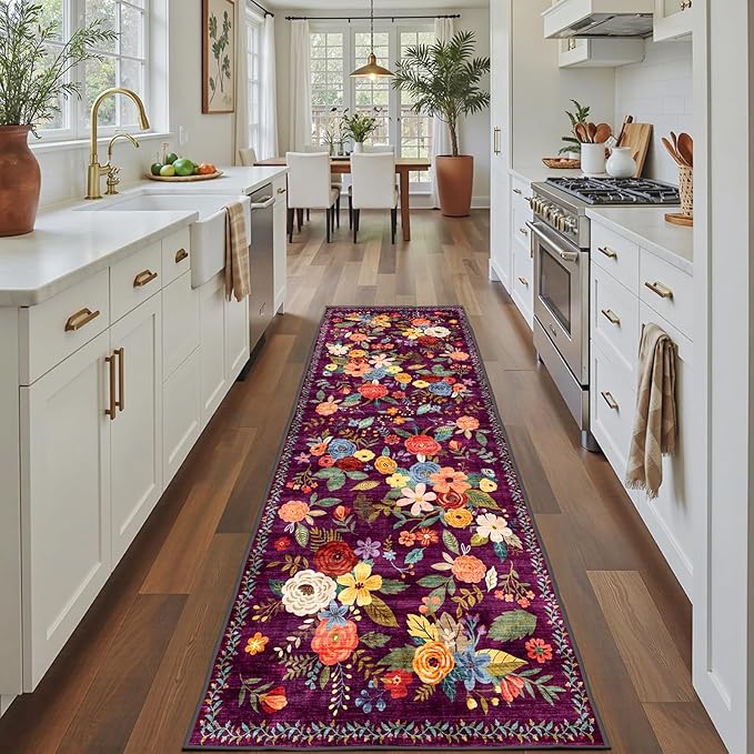 Runner Rug for Hallways Kitchen 2x8, Non Slip Washable Rugs with Rubber Backing Soft Floral Carpet for Hallways, Kitchen, Laundry, Bedroom, Bathroom (2 x 8, Purple)