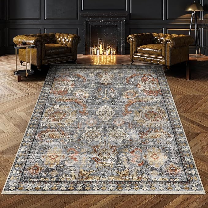 RUGSURE Washable Area Rugs - Perfect for Living Room, Bedroom, Kids Room, Nursery - Stain & Water Resistant Non-Slip, Pet & Child Friendly, Vintage Tribal Area Rugs (Turmeric and Grey, 6' x 9')