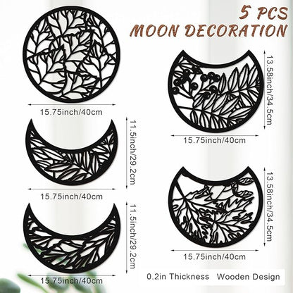 Jetec 5 Pcs Moon Phase Wall Art Decor Wall Pediments Hanging Wooden Phase Spiritual Bedroom Nordic Boho Lunar Aesthetic Art for Living Room Dorm Apartment Ornament(Dark Black,15.75 Inch,Botanical)