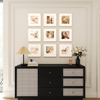 12x12 Picture Frame Set of 9, Display Pictures 8x8 with Mat or 12x12 without Mat, Multi Collage Gallery Square Photo Frames for Wall or Tabletop, Natural Wood