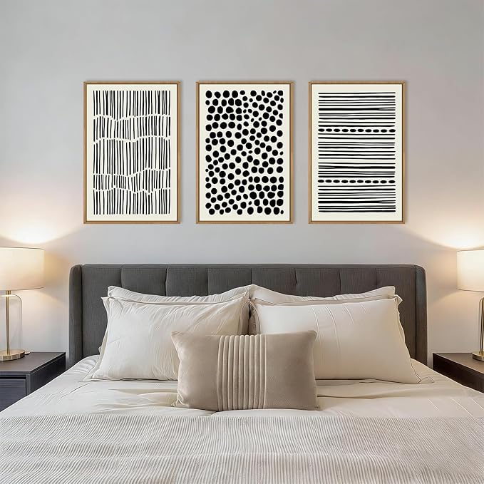 KAIRNE Abstract Black and White Framed Canvas Wall Art Set, Modern Geometric Wall Decor, Minimalist Line Art Prints, Neutral Boho Dots Artwork for Living Room, Bedroom, Farmhouse, Office -16"x24"x3