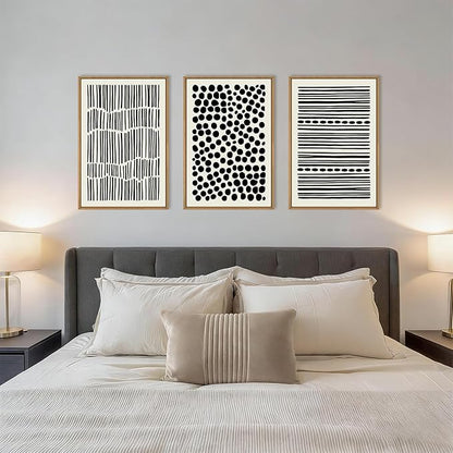 KAIRNE Abstract Black and White Framed Canvas Wall Art Set, Modern Geometric Wall Decor, Minimalist Line Art Prints, Neutral Boho Dots Artwork for Living Room, Bedroom, Farmhouse, Office -16"x24"x3