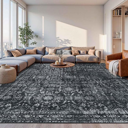 Rugxara 10x14 Area Rugs for Living Room Bedroom, Large Washable Rug, Black Vintage Floral Boho Rug, Non Slip & Low Pile Faux Wool Thin Carpet for Indoor Dining Room and Kids Room(Black 10x14ft)