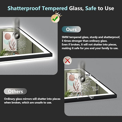 44x32 Black Framed LED Bathroom Mirror with Lights, Backlit and Front Lit Anti-Fog Lighted Vanity Mirrors for Bathroom Wall, Dimmable, 3 Colors, Memory, HD Tempered Glass, Horizontal/Vertical