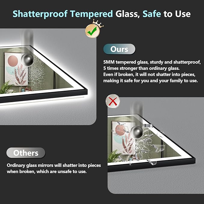40x24 Black Framed LED Bathroom Mirror with Lights, Backlit and Front Lit Anti-Fog Lighted Vanity Mirrors for Bathroom Wall, Dimmable, 3 Colors, Memory, HD Tempered Glass, Horizontal/Vertical