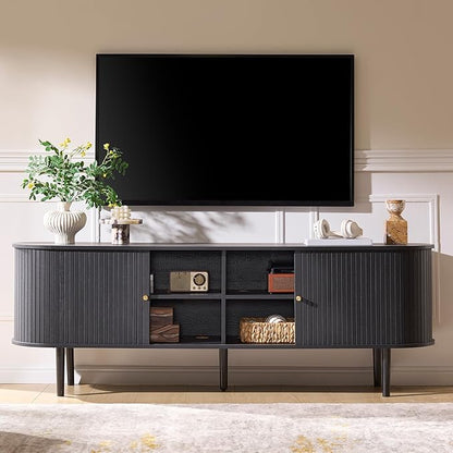 AMERLIFE 70" Mid-Century Modern TV Stand, TV Console Table for TVs up to 80 Inch, Fluted Wood Media Console with Storage, Solid Wood Legs, Embossed Black