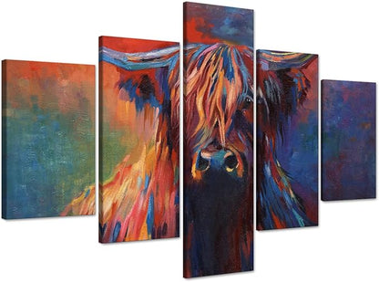 Highland Cow Canvas Wall Art Cow Pictures Modern Abstract Oil Painting on Canvas 5 Panels for Home Decor Living Room, Framed 60L x 40W