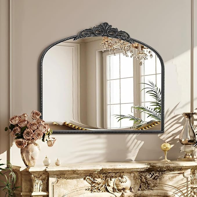 Micasso Vintage Black Arched Mirror: 36"x29" French Baroque Antique Wall Mounted Mirror - Traditional Ornate Decorative for Wall/Fireplace/Entryway/Bathroom/Hallway - Home Decor for Living Room