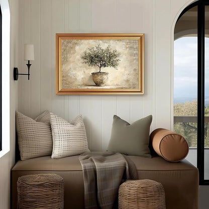 JLTULT Gold Framed Potted Olive Tree Wall Art, Vintage Botanical Canvas Wall Decor, Olive Branch Art Print for Living Room Bedroom Office 16x24 Inch with Fade-Resistant Print Easy to Hang