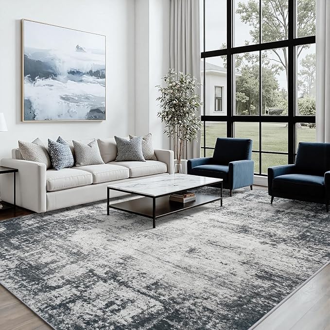 Area Rug 8x10 Living Room Rug Washable: No-Slip Abstract Soft Thin Large Deep Black Gray White Rugs, Indoor Floor Stain Resistant Modern Carpet for Bedroom Dining Room Farmhouse Nursery Home Office
