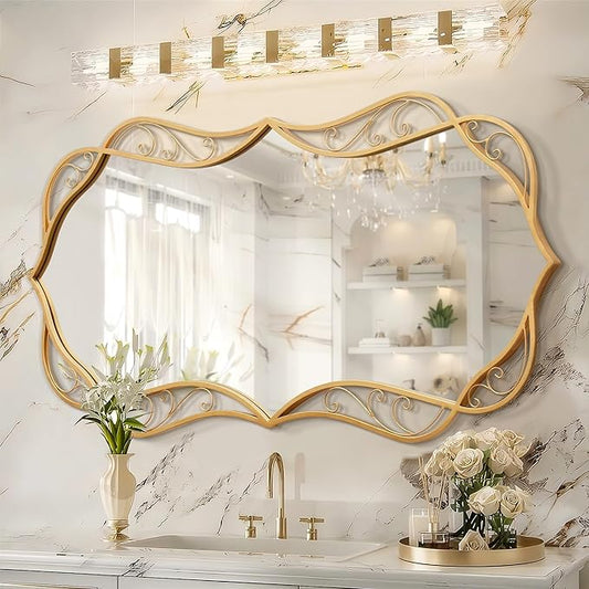 Besdomus Gold Bathroom Large Mirror: 24"x48" Scalloped Modern Large Vanity Mirror for Wall - Farmhouse Decorative Vertical or Horizontal Hanging - Wall Decor for Bathroom/Fireplace/Bedroom/Living Room