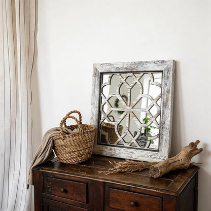Set of 2 14 Inch Square Grey Window Pane Wall Mirrors, Shatterproof Rustic Farmhouse Boho Vintage Accent Mirrors for Living Room Bedroom Bathroom Entryway