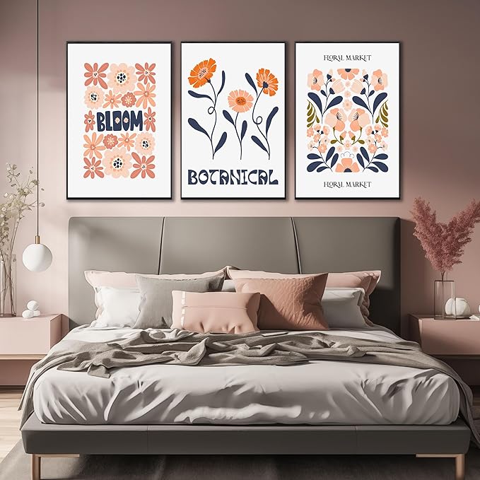 Framed Floral Canvas Wall Art Set of 3, Rustic Botanical Canvas Paintings Prints ArtWork for Living Room, Vintage Flower Pictures for Farmhouse Dining Room Hallway Bedroom Wall Decor 24"x36"