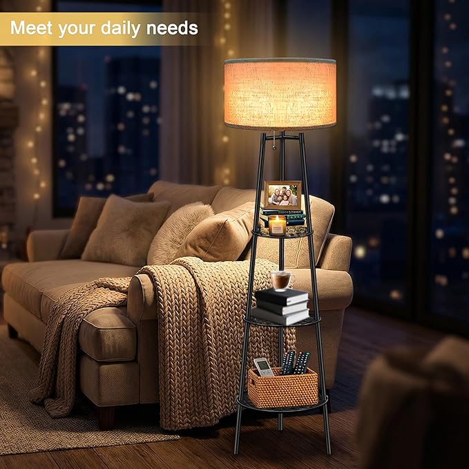 ZQQLITE Floor Lamp with Shelves for Living Room， Standing Lamp，Tall Lamp， Amparas Elegantes para Sala with Linen Shade，Modern Floor Lamp for Living Room，Bedroom or Office（Black ）