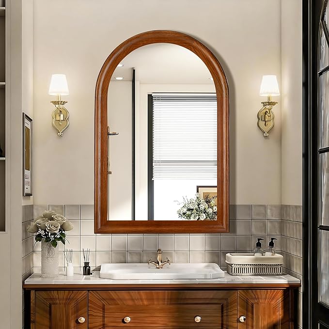 Tanmicoshomy Wood Bathroom Mirror 20x30 Inch，Rustic Wall Mirrors with Tempered Glass for Living Room, Bedroom or Entryway(Brown)