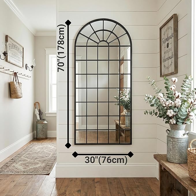 70x30Inch Large Arched Window Pane Mirror| Black Arched Mirrors for Wall & Floor | Arch Mirror Full Length for Entryway Living Room & Bedroom | Oversized Mirrors | Wall Art Decorative |Farmhouse Décor