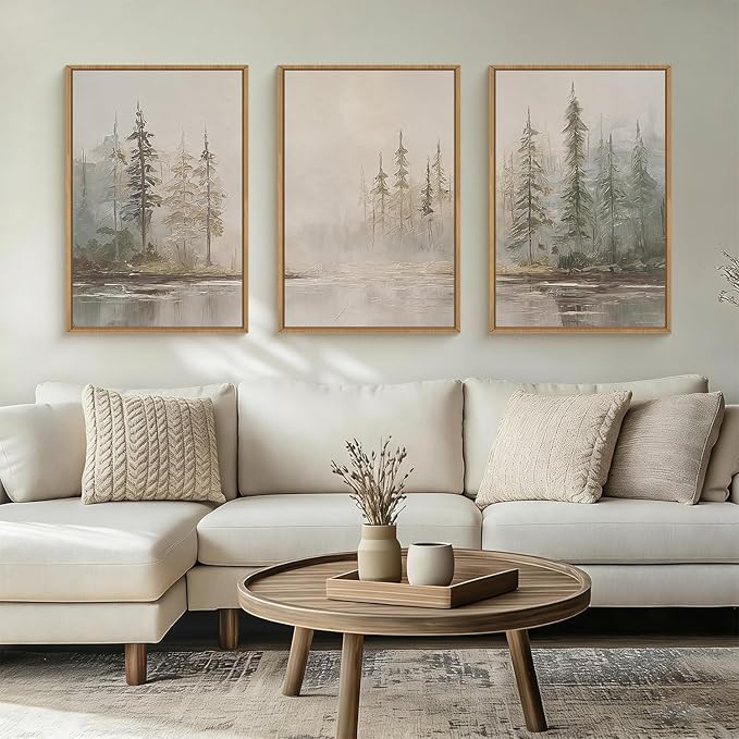 HPNIUB Modern Misty Pine Tree Framed Wall Art Set,Neutral Abstract Landscape Wall Decor,Nature Foggy Forest Art Print,Beige Rustic Farmhouse Artwork for Living Room, Bedroom,Office-16''x24''x3