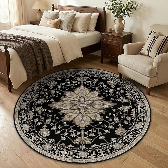 RELEANY Area Rugs Round 5ft Washable Non-Slip, Floral Vintage Distress Print Pattern Medallion Carpet for Living Room Bedroom Dining Room, Black Brown Neutral Dark Tan