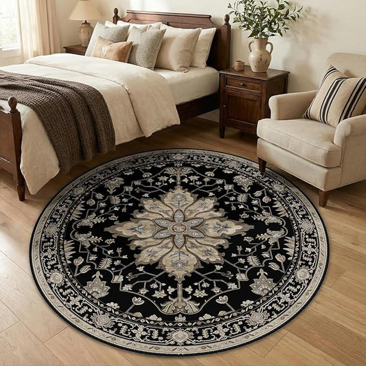 RELEANY Area Rugs Round 5ft Washable Non-Slip, Floral Vintage Distress Print Pattern Medallion Carpet for Living Room Bedroom Dining Room, Black Brown Neutral Dark Tan
