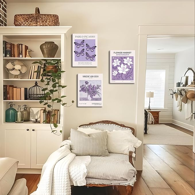 Van Gogh Canvas Wall Art Set of 3, Purple Lavender Flower Market Wall Decor Paintings, Picasso Butterfly Aesthetic Posters Prints Room Decor for Teen Girls Dorm Bedroom Bathroom 12x16In Framed