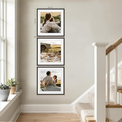 eletecpro Gallery Wall Frame Set of 3, 20x20 Inch Square Black Frames with 16x16 Mat, Scratch-Resistant Finish for Modern Home Decor
