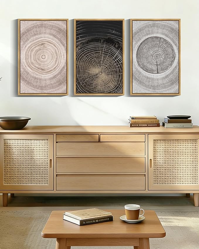 PHOPAGO Vintage Wood Tree Rings Wall Art 16x24in Farmhouse Rustic Framed Canvas Paintings Living Room Bedroom Decor Nature Artwork Natural Framed