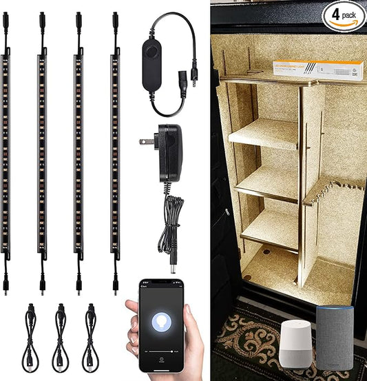 TORCHSTAR Voice Control Smart LED Safe Lighting Kit, (4) 12 Inch Dimmable Linkable Light Bars, Compatible with Alexa&Rocker Switch, 100-240V UL Power Adapter 600LM for Under Cabinet, 3000K Warm White