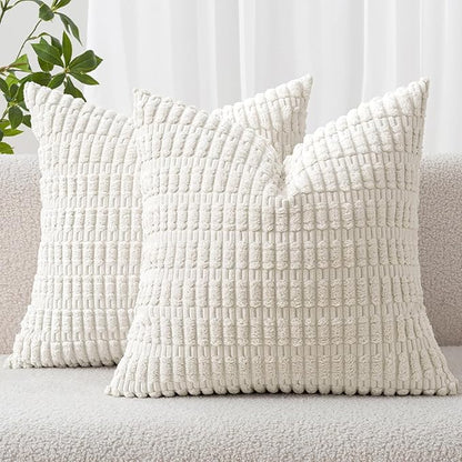 MIULEE Pack of 2 Corduroy Decorative Throw Pillow Covers 20x20 Inch Soft Boho Striped Pillow Covers Modern Farmhouse Home Decor for Sofa Living Room Couch Bed Pure White