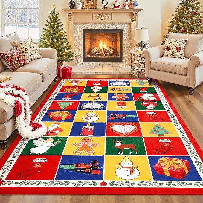 Soft Area Rugs for Living Room, 4x6 Ft Checkered Vintage Washable Geometric Print Carpet, Non Slip Low Pile Soft Bedroom Home Decor Rugs for Bedside, Office, Dining Room, Nursery, Red