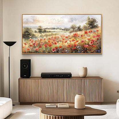 QIYILEXWART Canvas Wall Art For Living Room Large Wall Decor For Office Bedroom Decorations Red Blooms Field Landscape Pictures Farmhouse Painting Artwork Room Wall Mural Aesthetic Home Decor 30x60 In