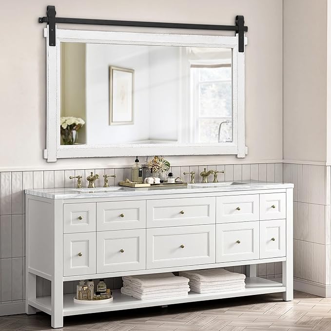 Besdomus Large Bathroom Farmhouse Mirror: 42"x28" White Barn Door Farmhouse Solid Cedar Wood Frame - Rustic Wall Decorative Mirror for Entryway/Living Room/Bathroom Redo - Home Decor for Housewife