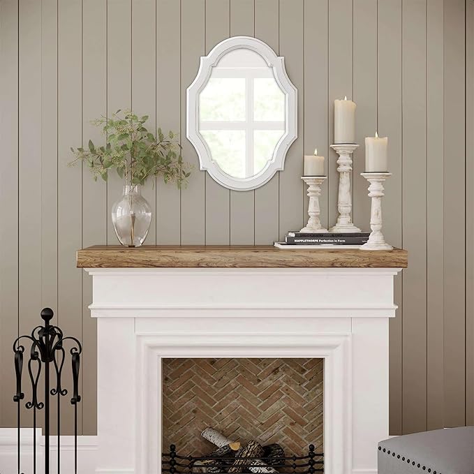 Vintage Oval Mirrors for Wall Decor Living Room 24 X 18 Inch, Hanging Decorative Scalloped White Mirrors, Distressed Wood Frame Unique Mirror for Entryway Bathroom, Horizontally or Vertically