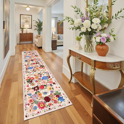 Rug for Hallways Kitchen Rug 2'6" x 14', Non Slip Washable Rugs with Rubber Backing Soft Floral Carpet Runner for Hallways, Kitchen, Laundry, Bedroom, Bathroom, Beige Garden