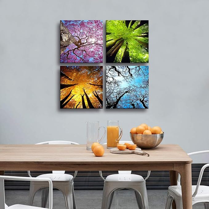 MESESE Art 4 Panels Canvas Wall Art Spring Summer Autumn Winter Four Seasons Landscape Color Tree Painting Picture Prints Modern Giclee Artwork Stretched and Framed for Living Room Home Decoration