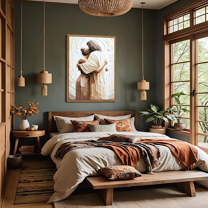 AKWISH Floating Frame Jesus Embracing Woman Canvas Wall Art, Safe in His Arms Pictures Canvas Print Posters Wall Decor, Christian Wall Art Home Decor for Living & Prayer Room 24x36 inch