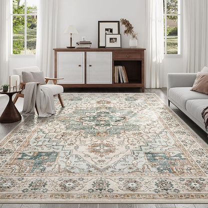 5x7 Area Rug for Living Room, Non Slip Vintage Machine Washable Rug, Foldable Stain Resistant Large Area Rugs for Bedroom, Soft Indoor Boho Carpet for Home Decor (Green/Beige, 5'x7')